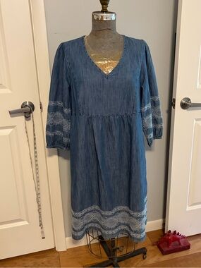 J Jill Blue V-Neck Denim Embroidered Midi Dress